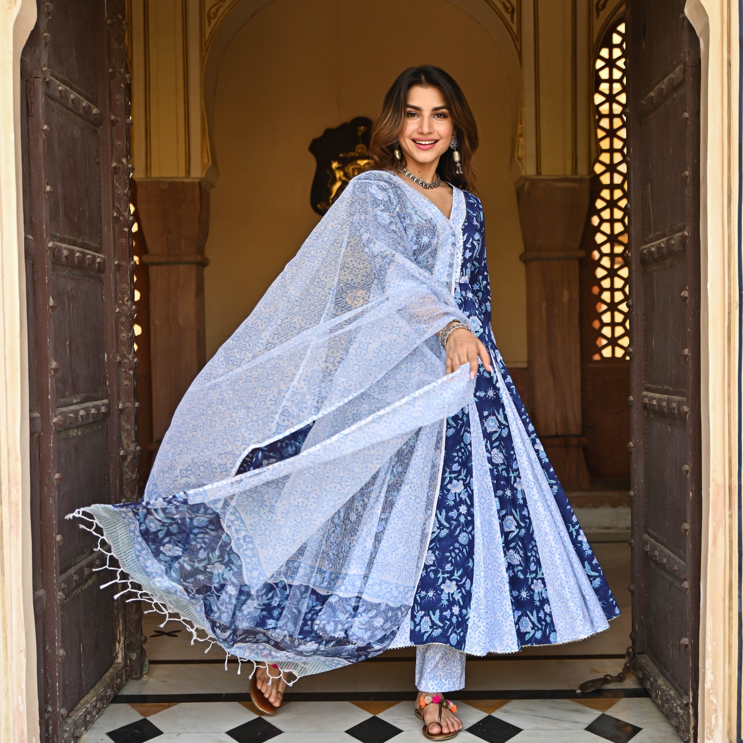 Sakhi Fashions Berry Blue Handblock Printed Suit Set