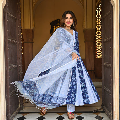 Sakhi Fashions Berry Blue Handblock Printed Suit Set