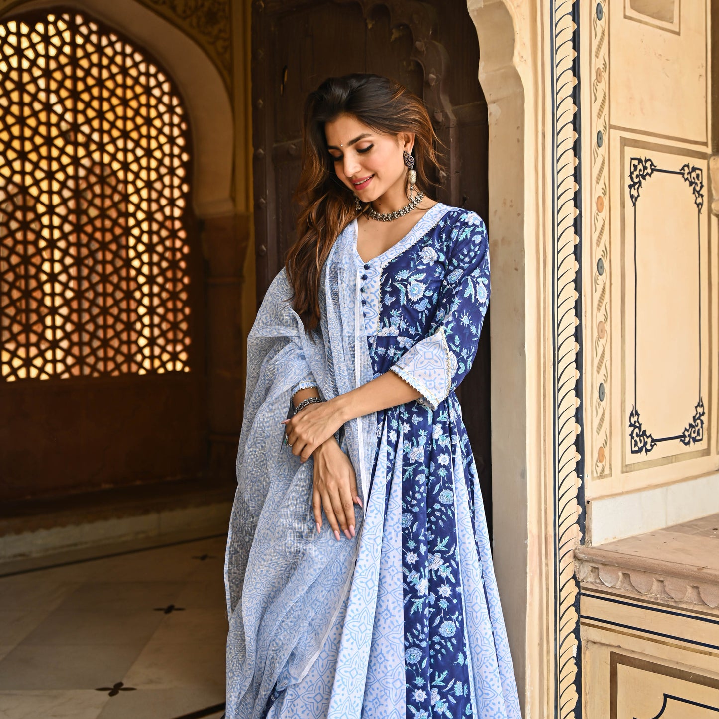 Sakhi Fashions Berry Blue Handblock Printed Suit Set