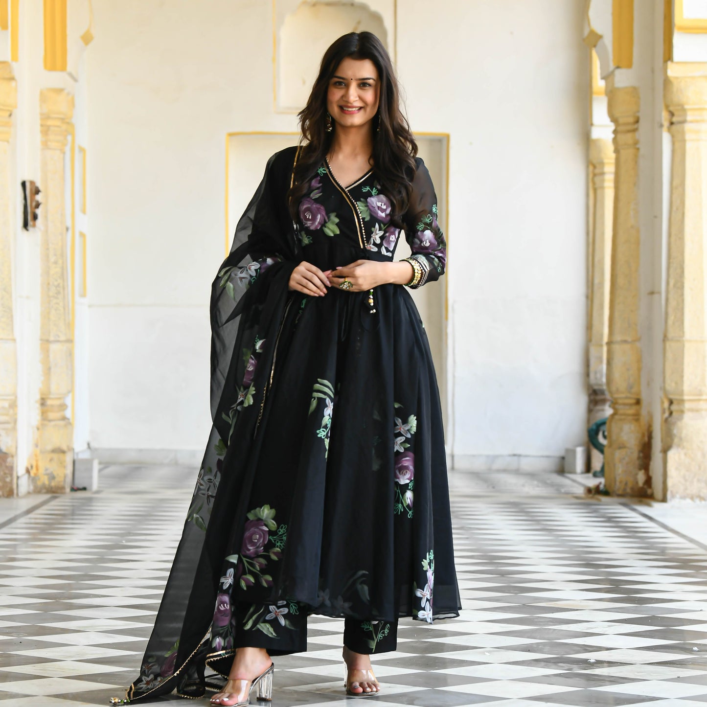 Black Floral Handpainted Organza Suit