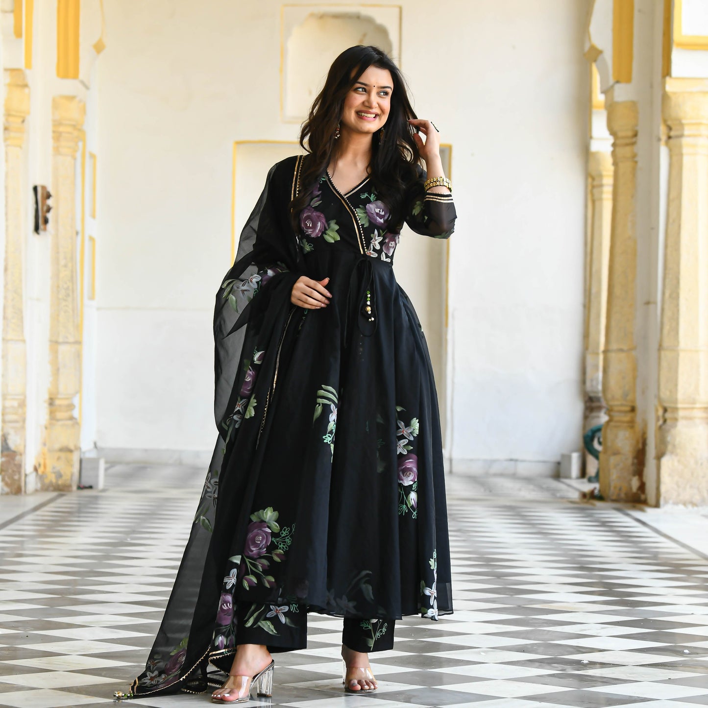 Black Floral Handpainted Organza Suit