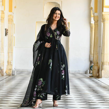 Black Floral Handpainted Organza Suit
