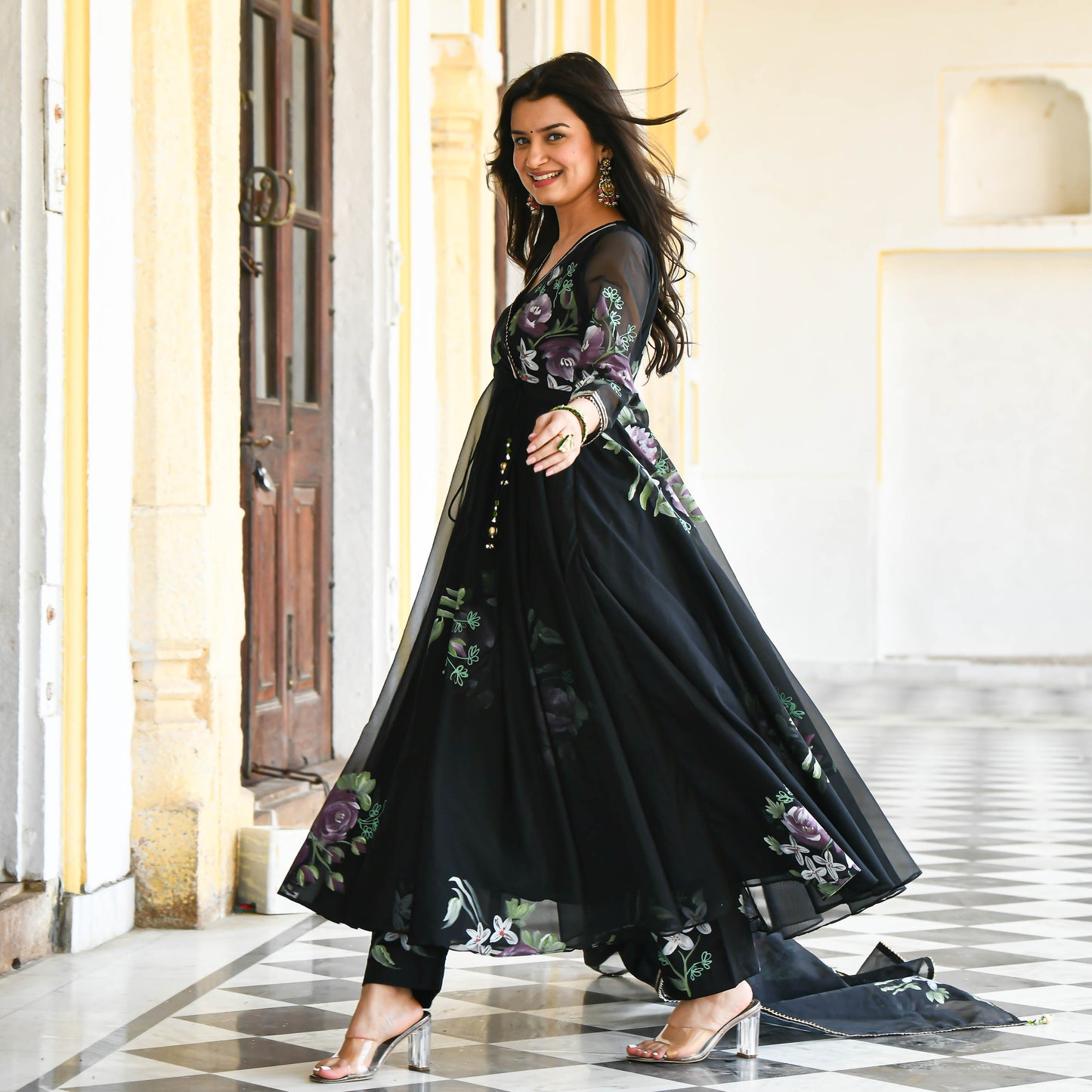 Black Floral Handpainted Organza Suit