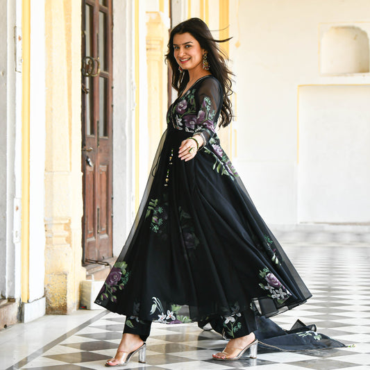 Black Floral Handpainted Organza Suit