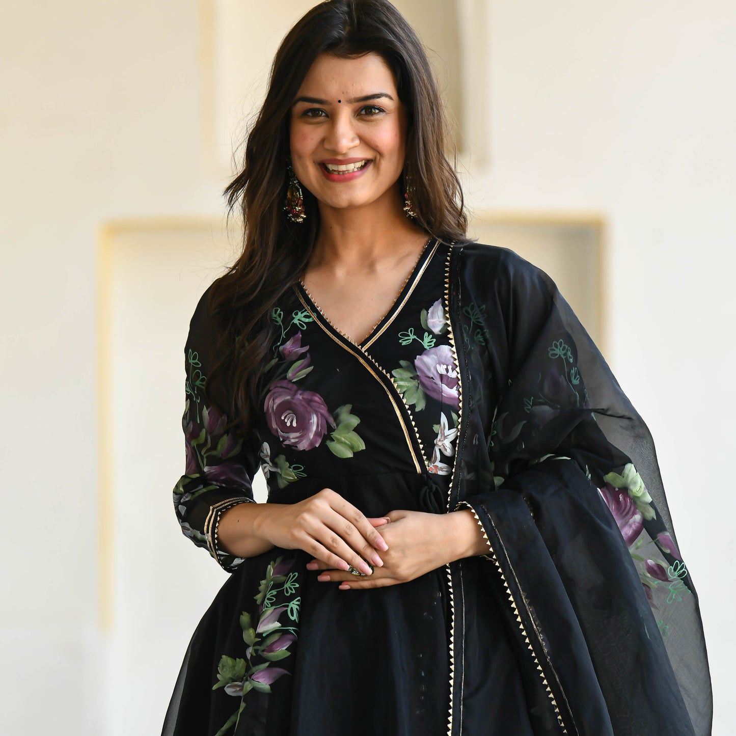 Black Floral Handpainted Organza Suit
