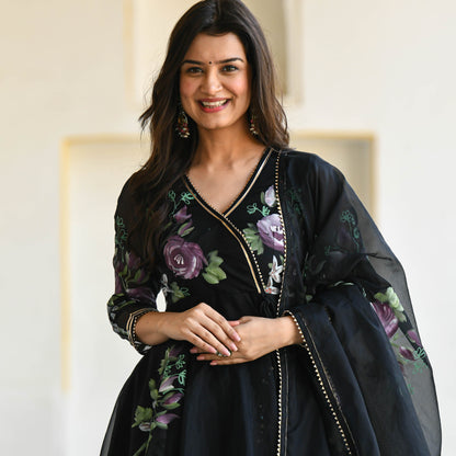 Black Floral Handpainted Organza Suit