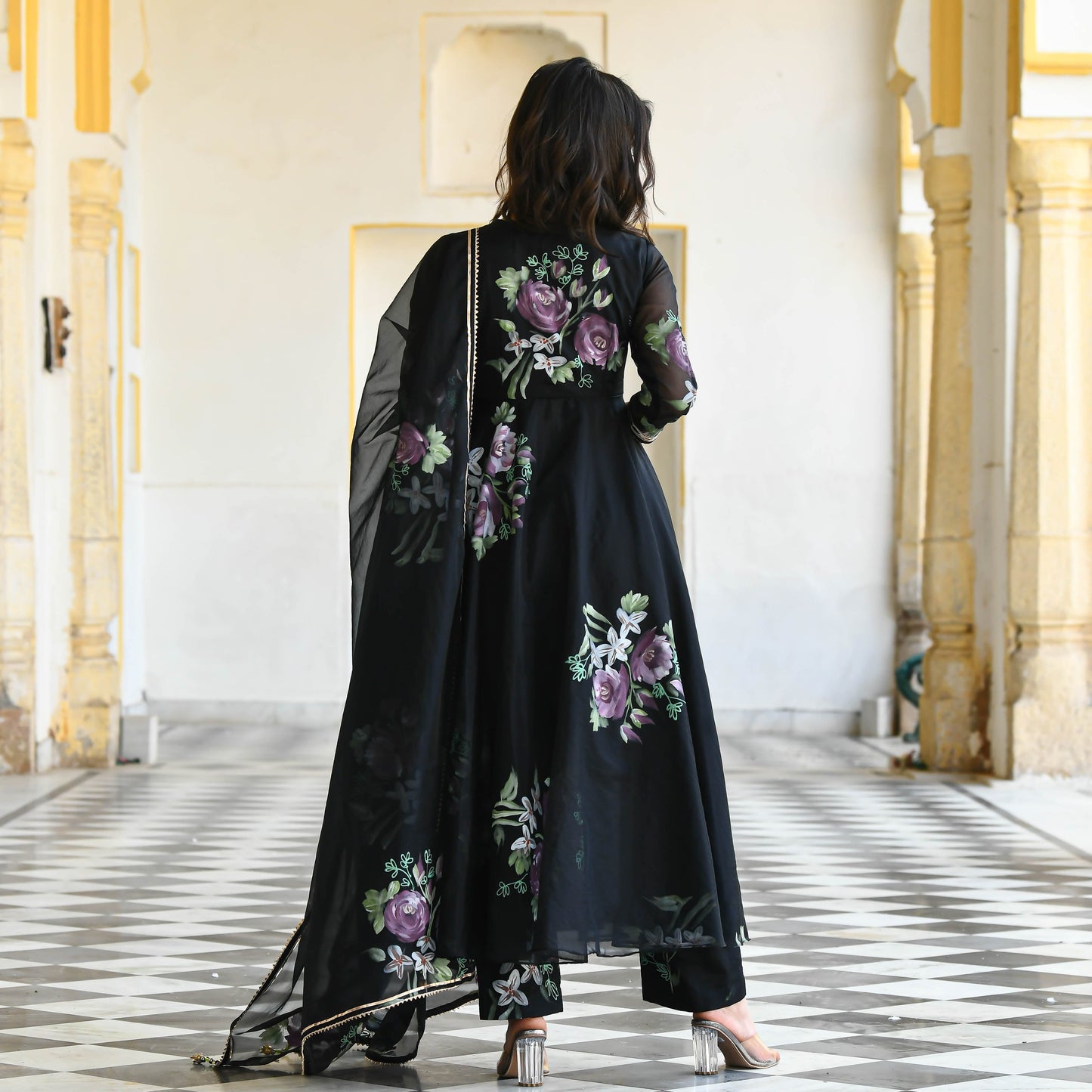 Black Floral Handpainted Organza Suit