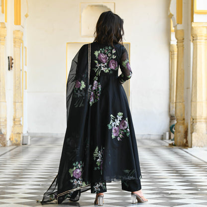 Black Floral Handpainted Organza Suit