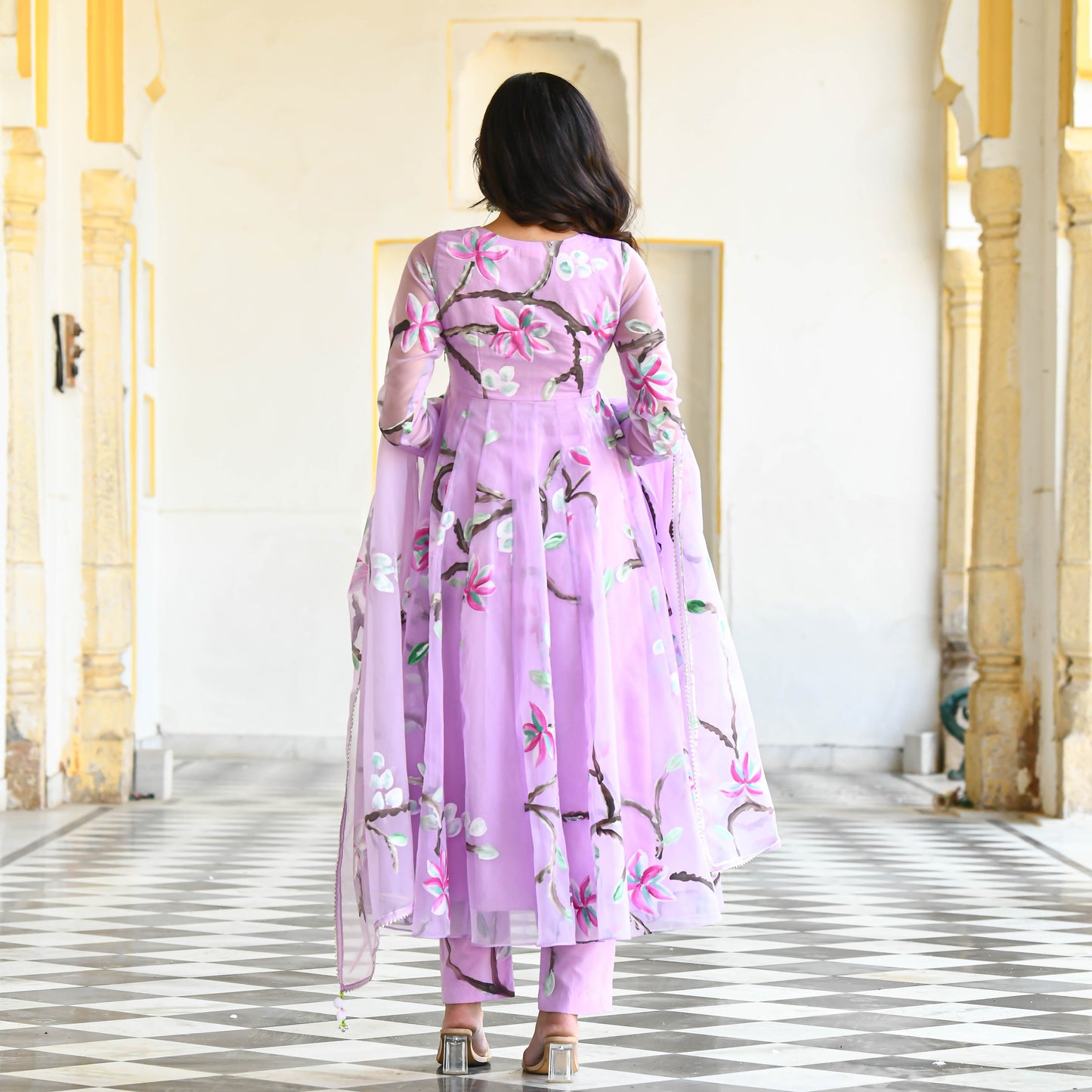 Sakhi Fashions Light Lilac Handpainted Organza Suit