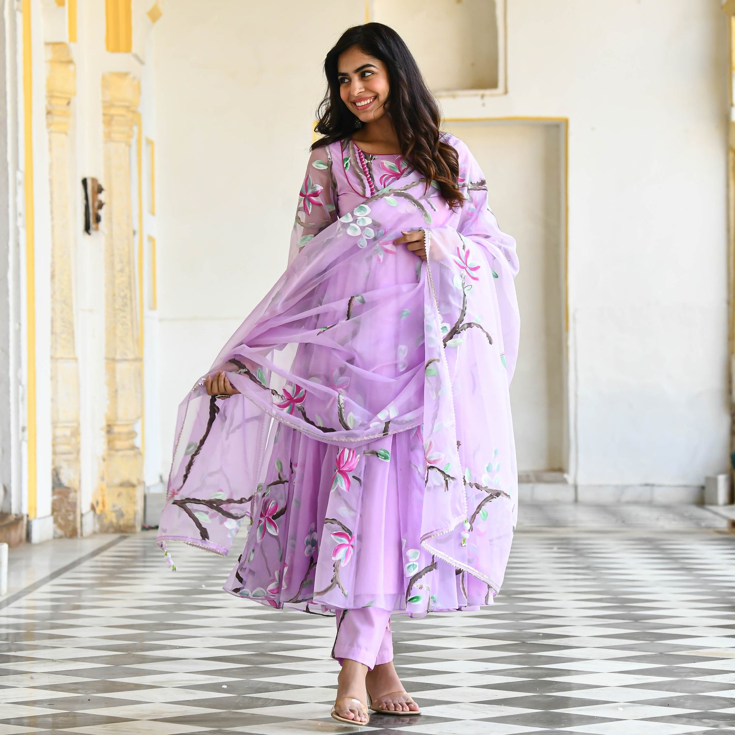 Sakhi Fashions Light Lilac Handpainted Organza Suit