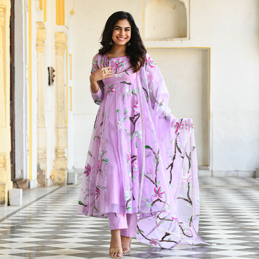 Sakhi Fashions Light Lilac Handpainted Organza Suit