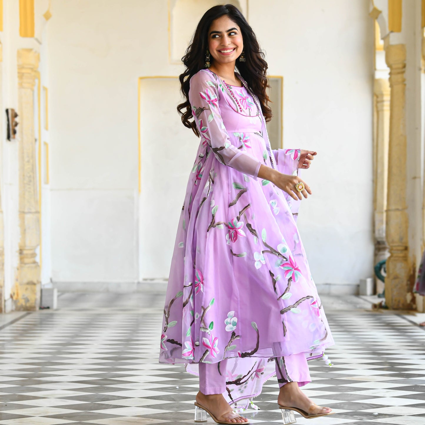 Sakhi Fashions Light Lilac Handpainted Organza Suit