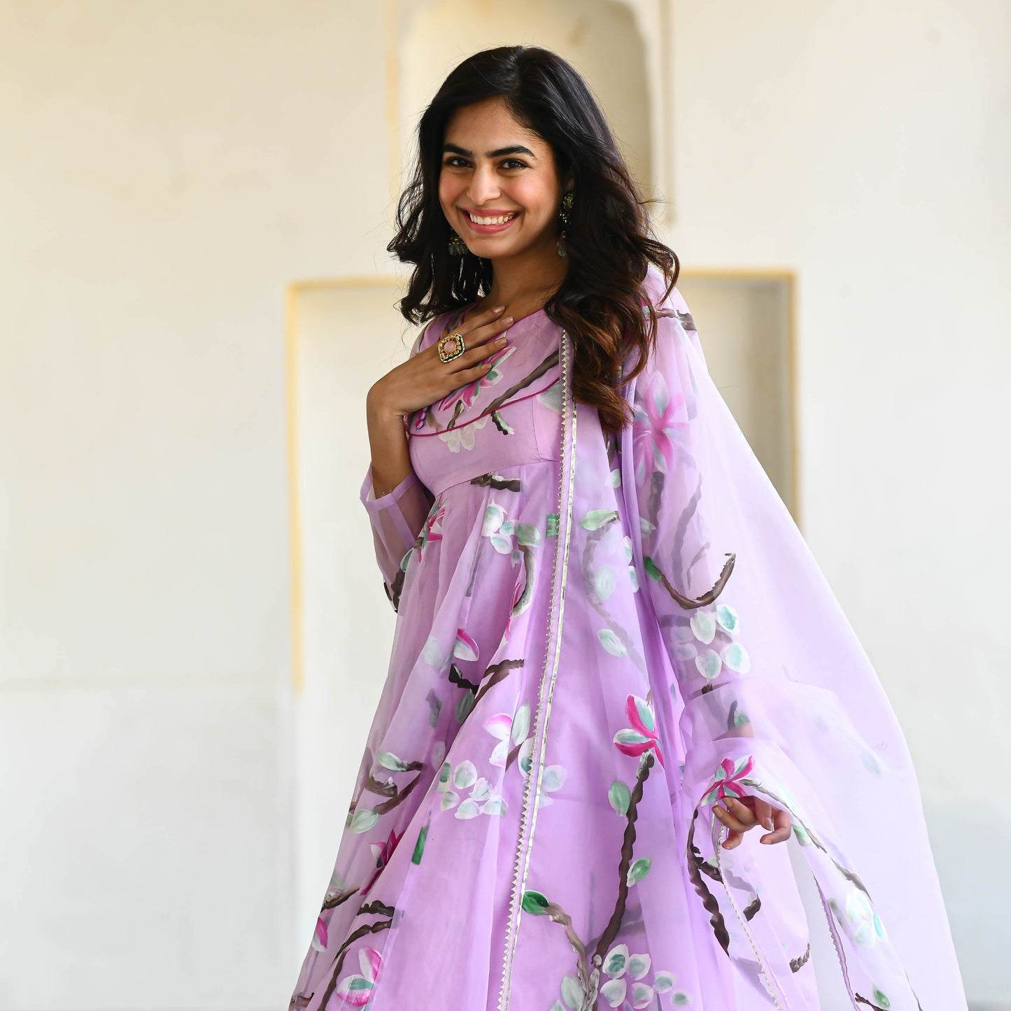 Sakhi Fashions Light Lilac Handpainted Organza Suit