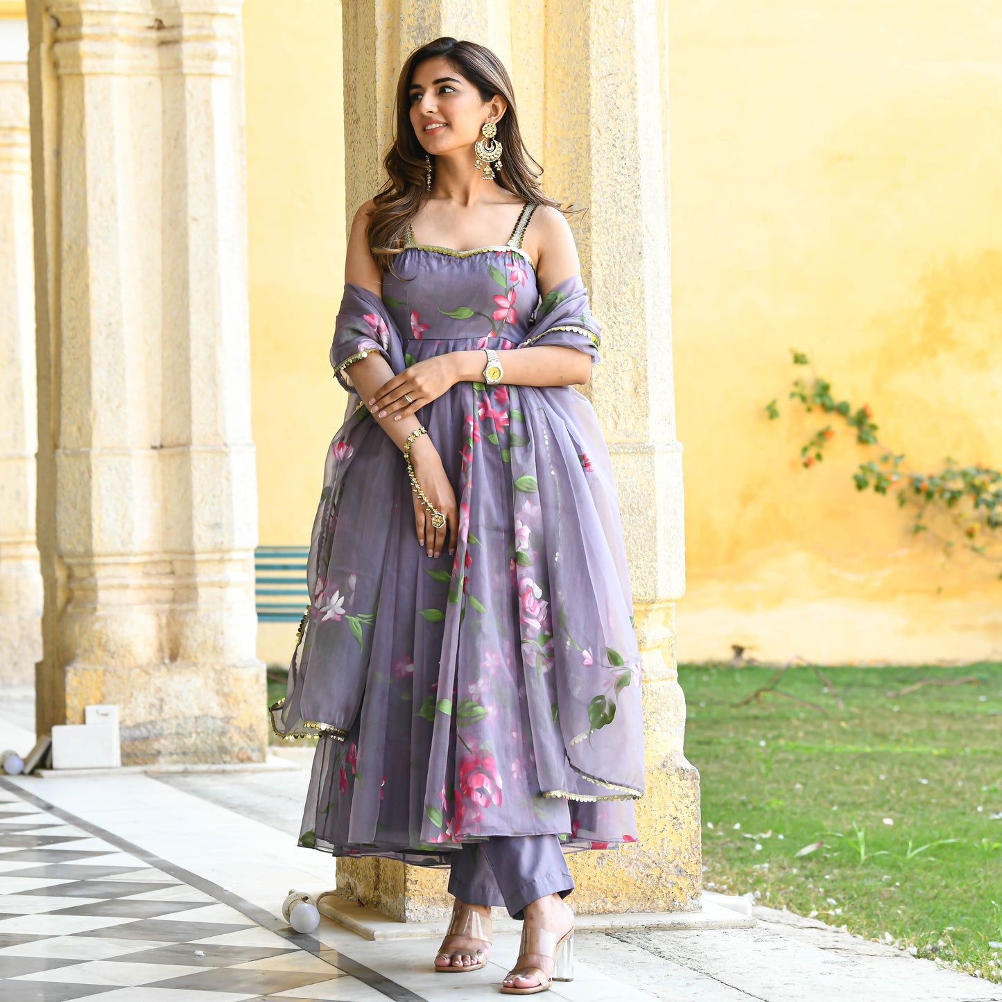 Sakhi Fashions Dark Grey Handpainted Organza Suit