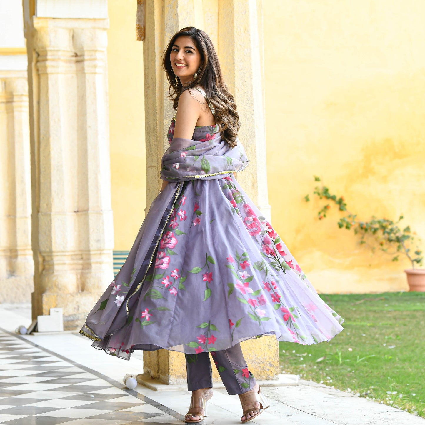 Sakhi Fashions Dark Grey Handpainted Organza Suit