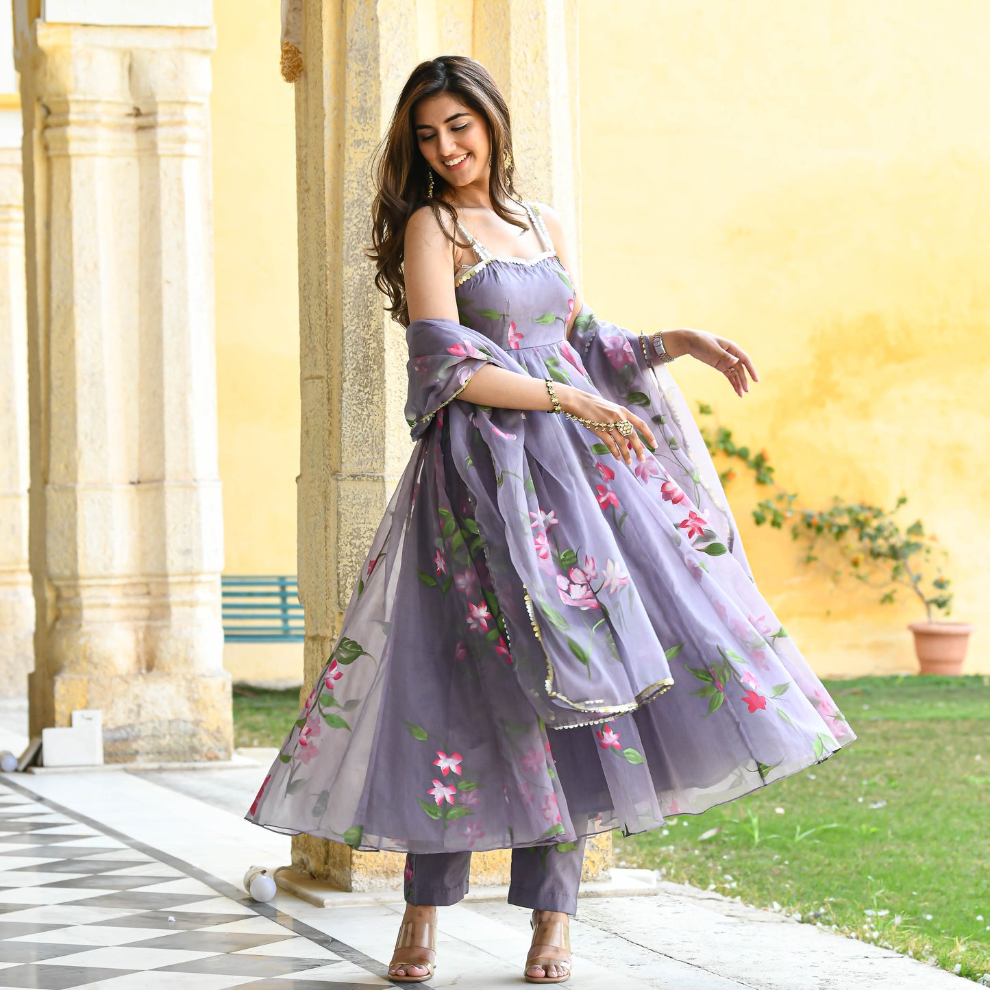 Sakhi Fashions Dark Grey Handpainted Organza Suit