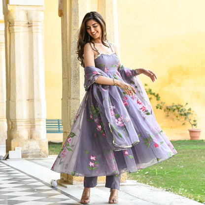 Sakhi Fashions Dark Grey Handpainted Organza Suit