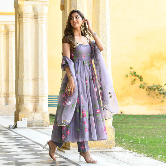 Sakhi Fashions Dark Grey Handpainted Organza Suit