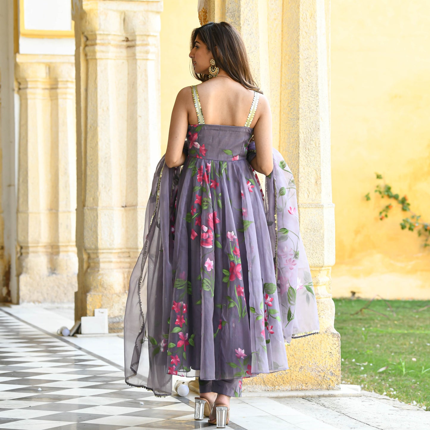 Sakhi Fashions Dark Grey Handpainted Organza Suit