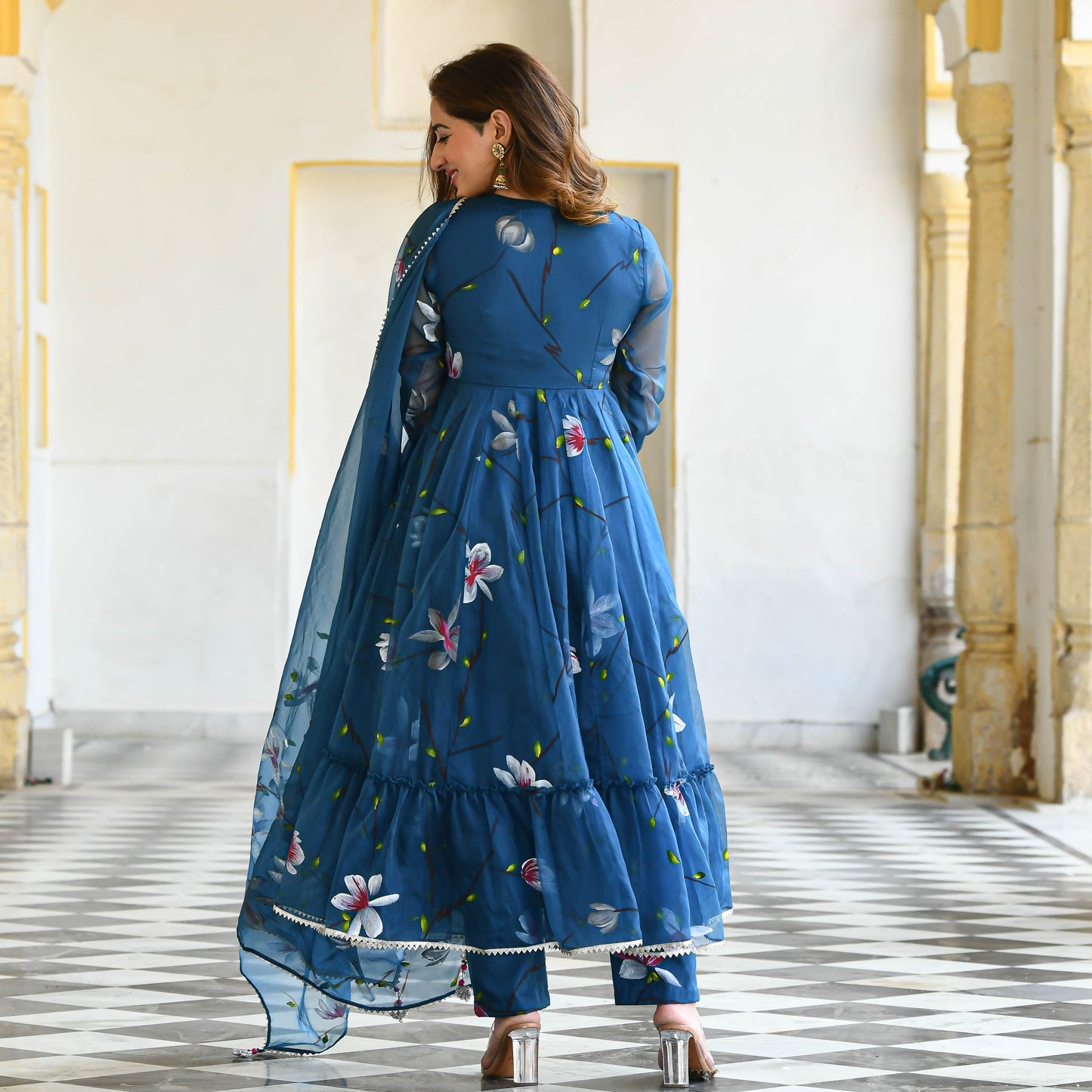 Blueish Handpainted Organza Suit