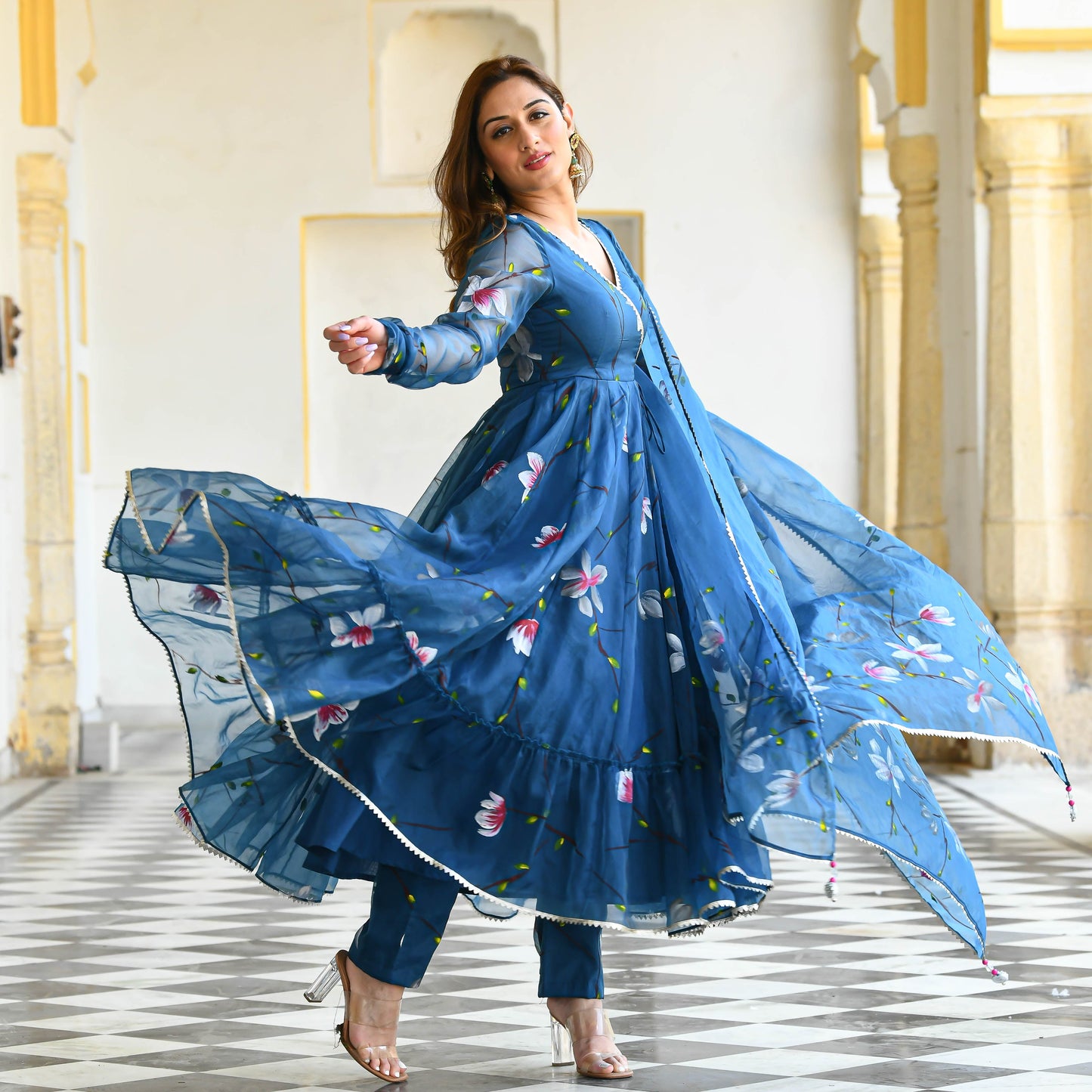 Blueish Handpainted Organza Suit