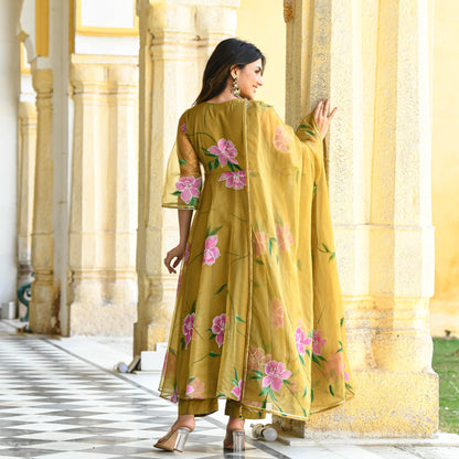 Sakhi Fashions Sand Yellow Handpainted Organza Suit