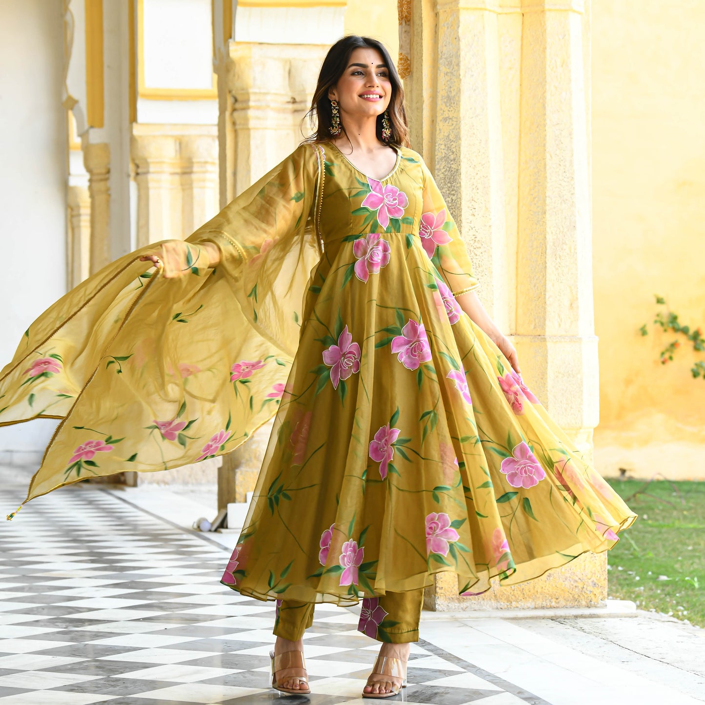 Sakhi Fashions Sand Yellow Handpainted Organza Suit