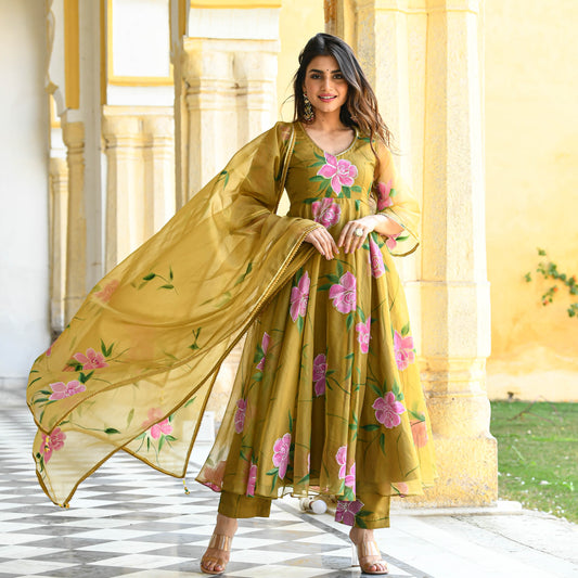 Sakhi Fashions Sand Yellow Handpainted Organza Suit