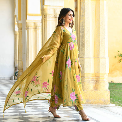 Sakhi Fashions Sand Yellow Handpainted Organza Suit