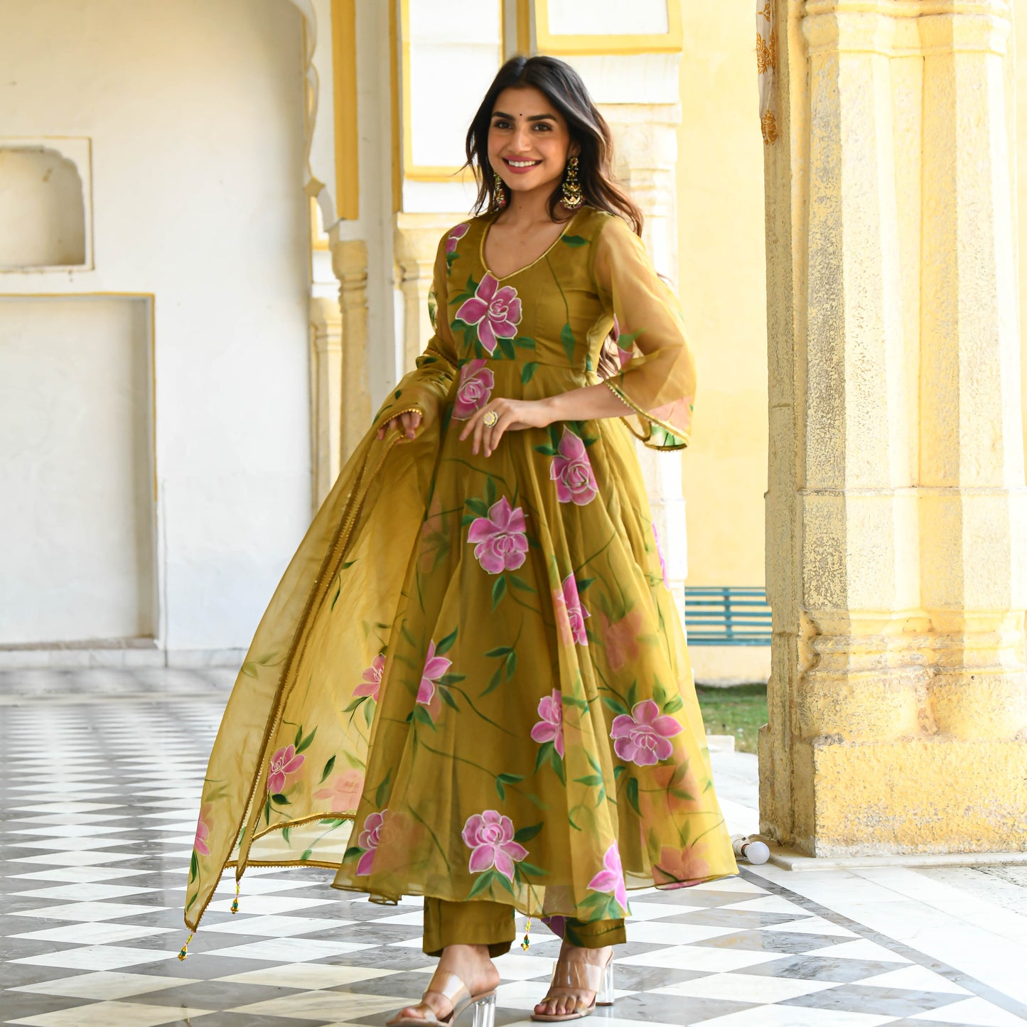 Sakhi Fashions Sand Yellow Handpainted Organza Suit