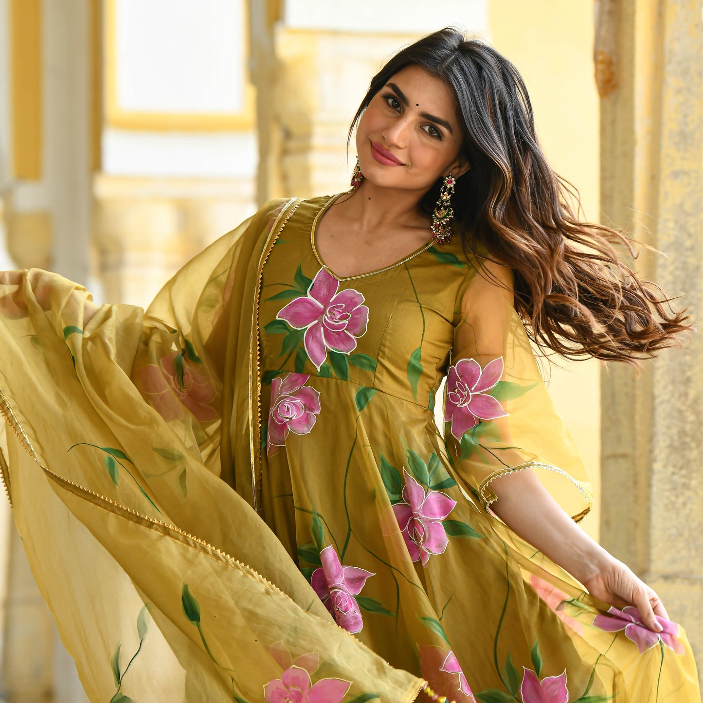 Sakhi Fashions Sand Yellow Handpainted Organza Suit