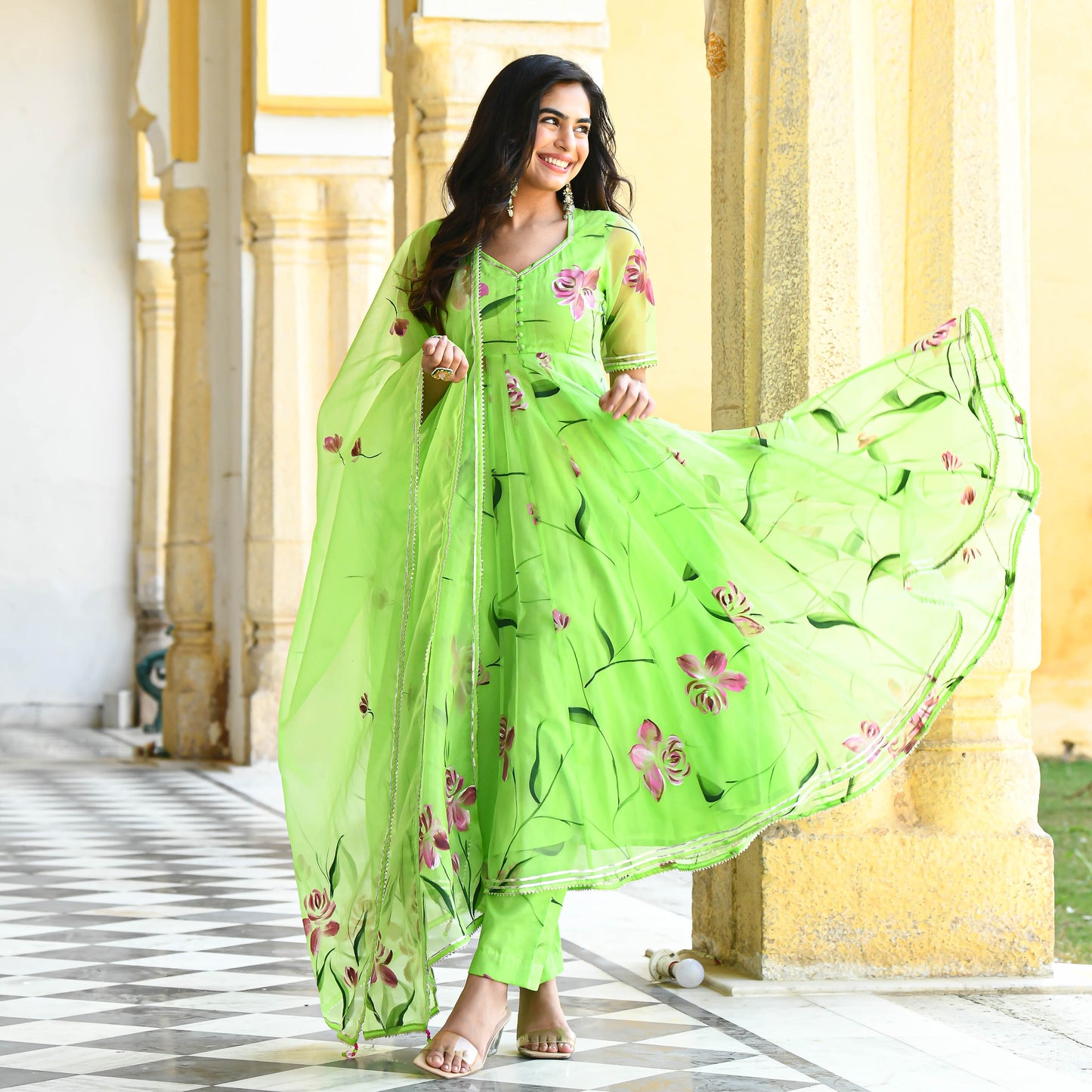 Sakhi Fashions Vibrant Green Handpainted Organza Suit