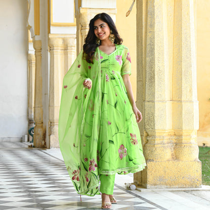 Sakhi Fashions Vibrant Green Handpainted Organza Suit