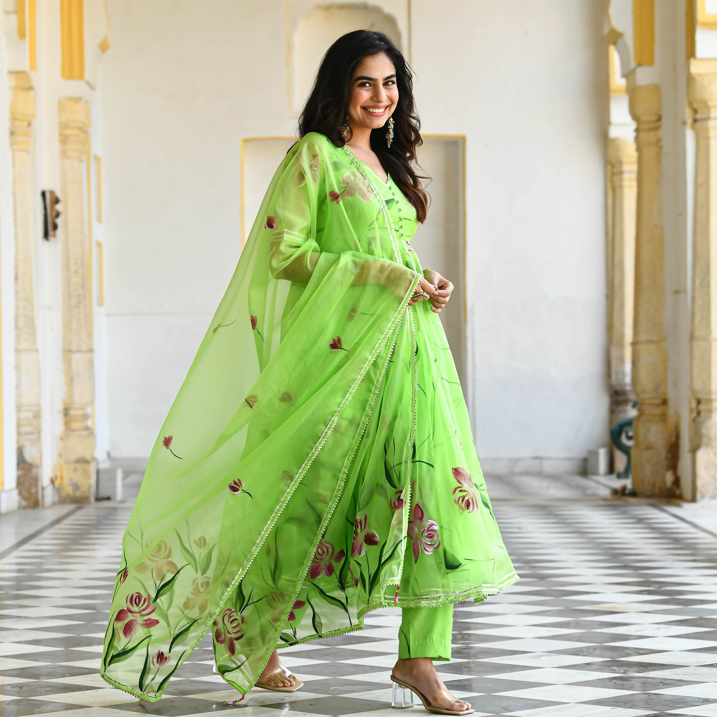 Sakhi Fashions Vibrant Green Handpainted Organza Suit