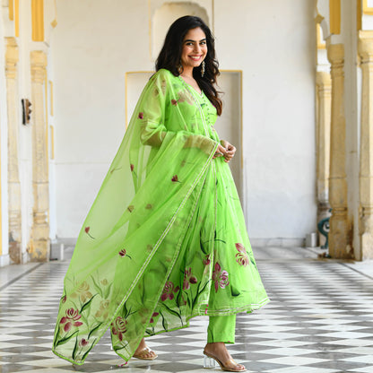 Sakhi Fashions Vibrant Green Handpainted Organza Suit