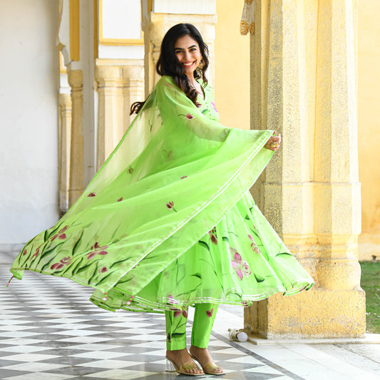 Sakhi Fashions Vibrant Green Handpainted Organza Suit