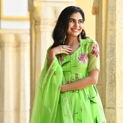 Sakhi Fashions Vibrant Green Handpainted Organza Suit