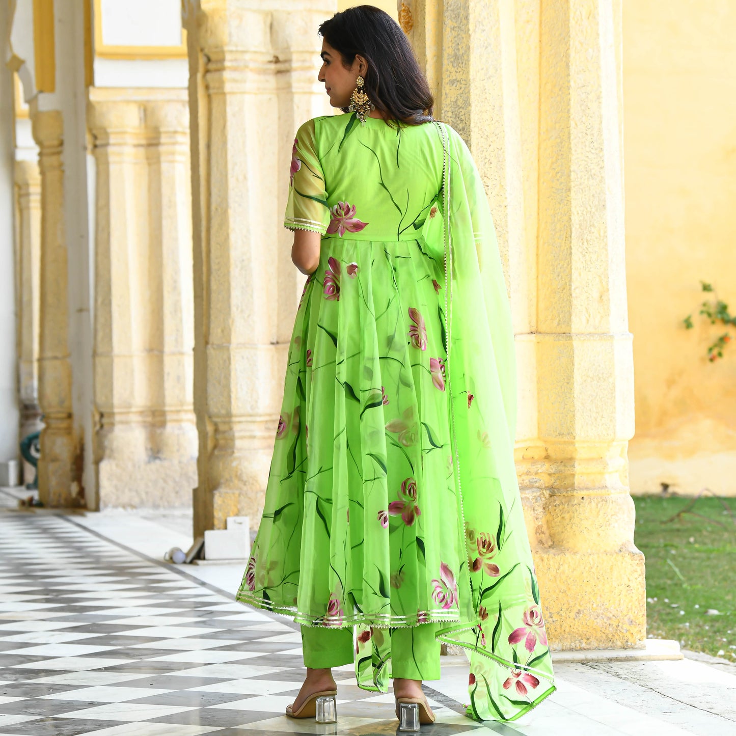 Sakhi Fashions Vibrant Green Handpainted Organza Suit