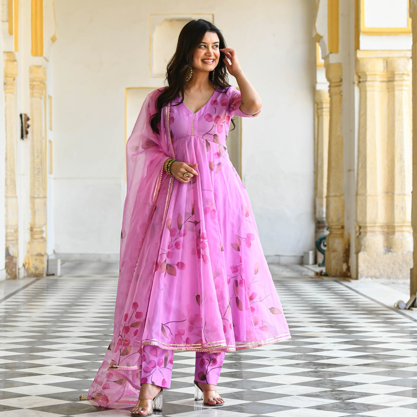 Bright Pink Handpainted Organza Suit