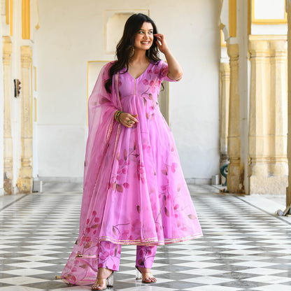 Bright Pink Handpainted Organza Suit