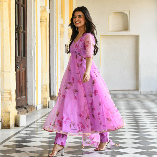 Bright Pink Handpainted Organza Suit