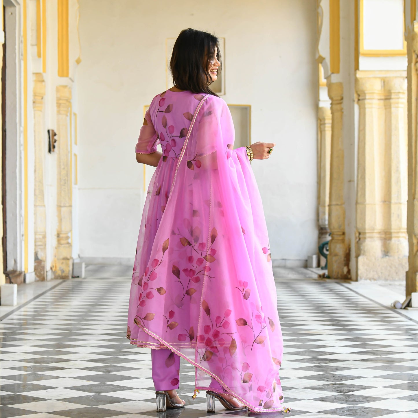 Bright Pink Handpainted Organza Suit