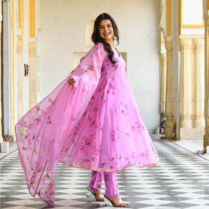 Bright Pink Handpainted Organza Suit
