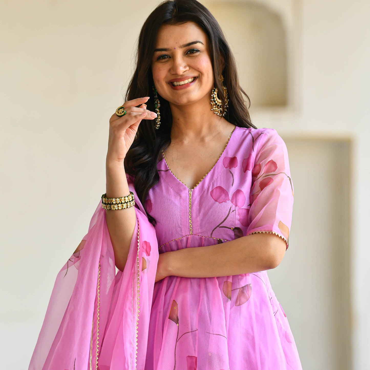 Bright Pink Handpainted Organza Suit