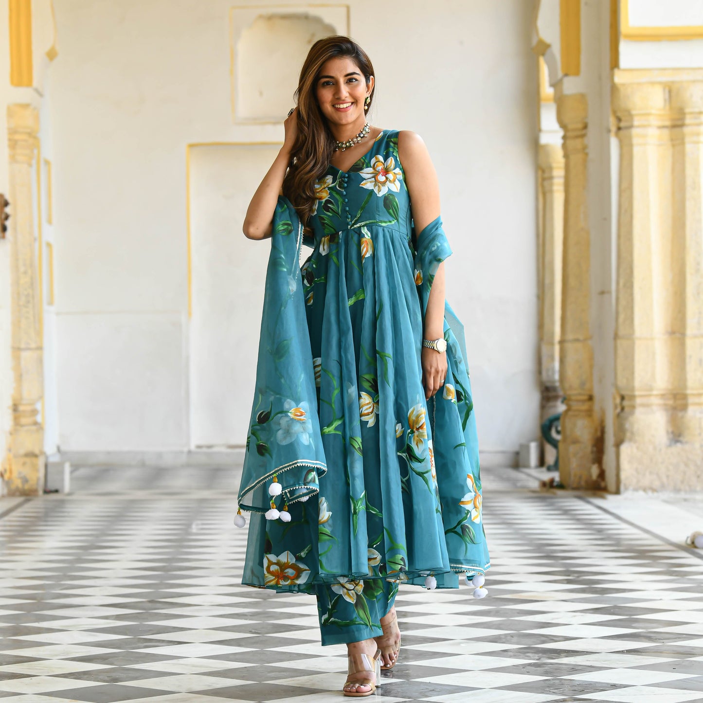 Sakhi Fashions Ocean Floral Handpainted Organza Suit