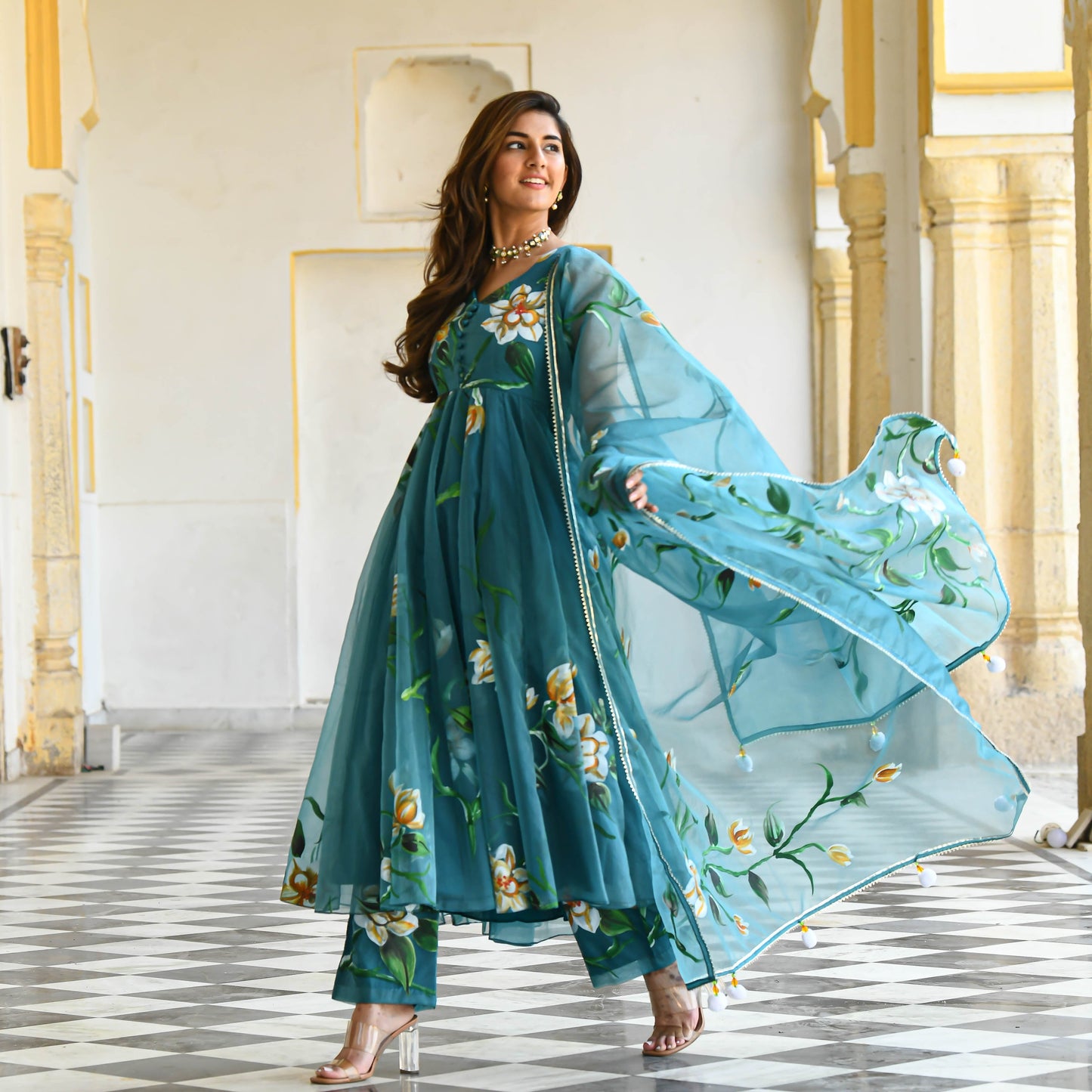 Sakhi Fashions Ocean Floral Handpainted Organza Suit