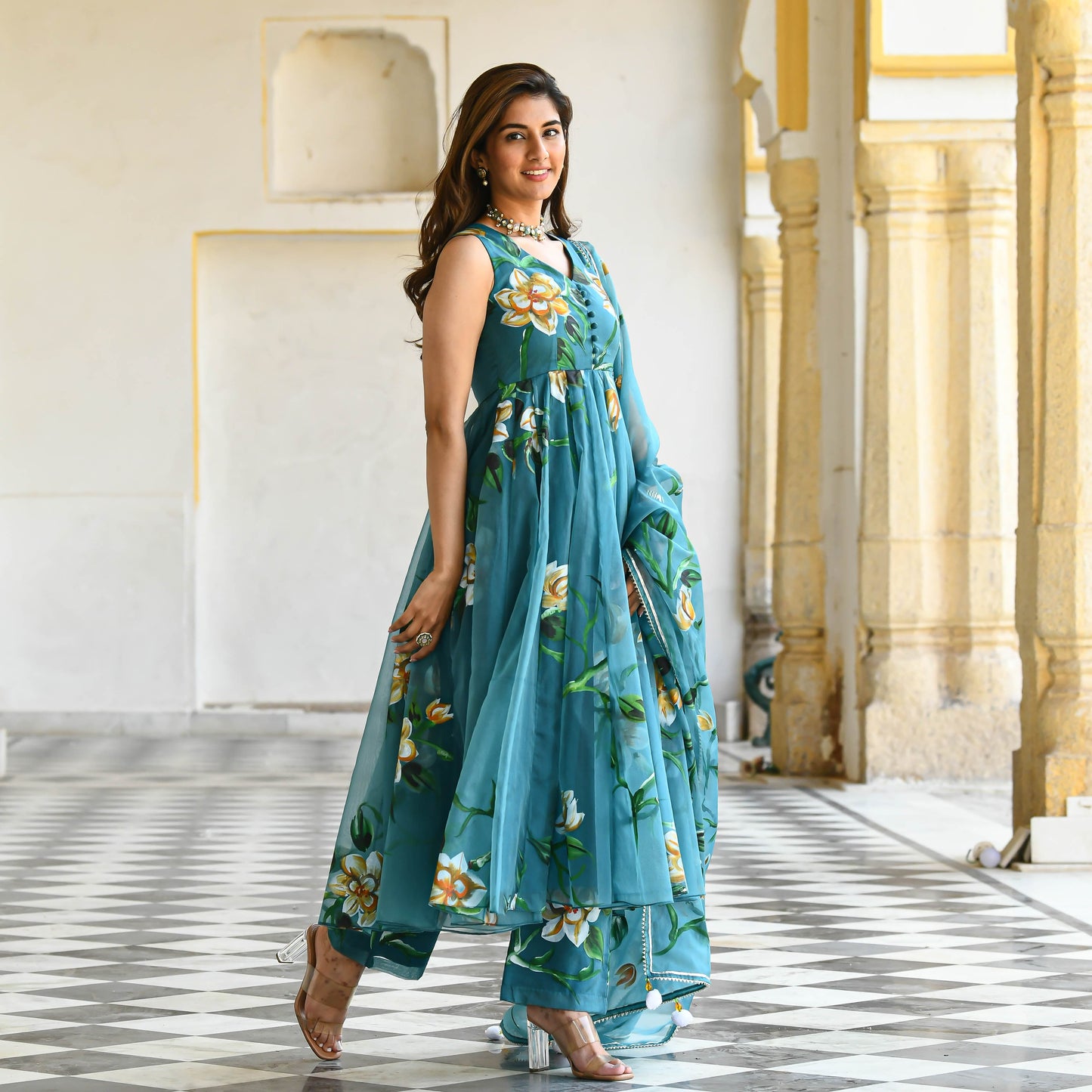 Sakhi Fashions Ocean Floral Handpainted Organza Suit