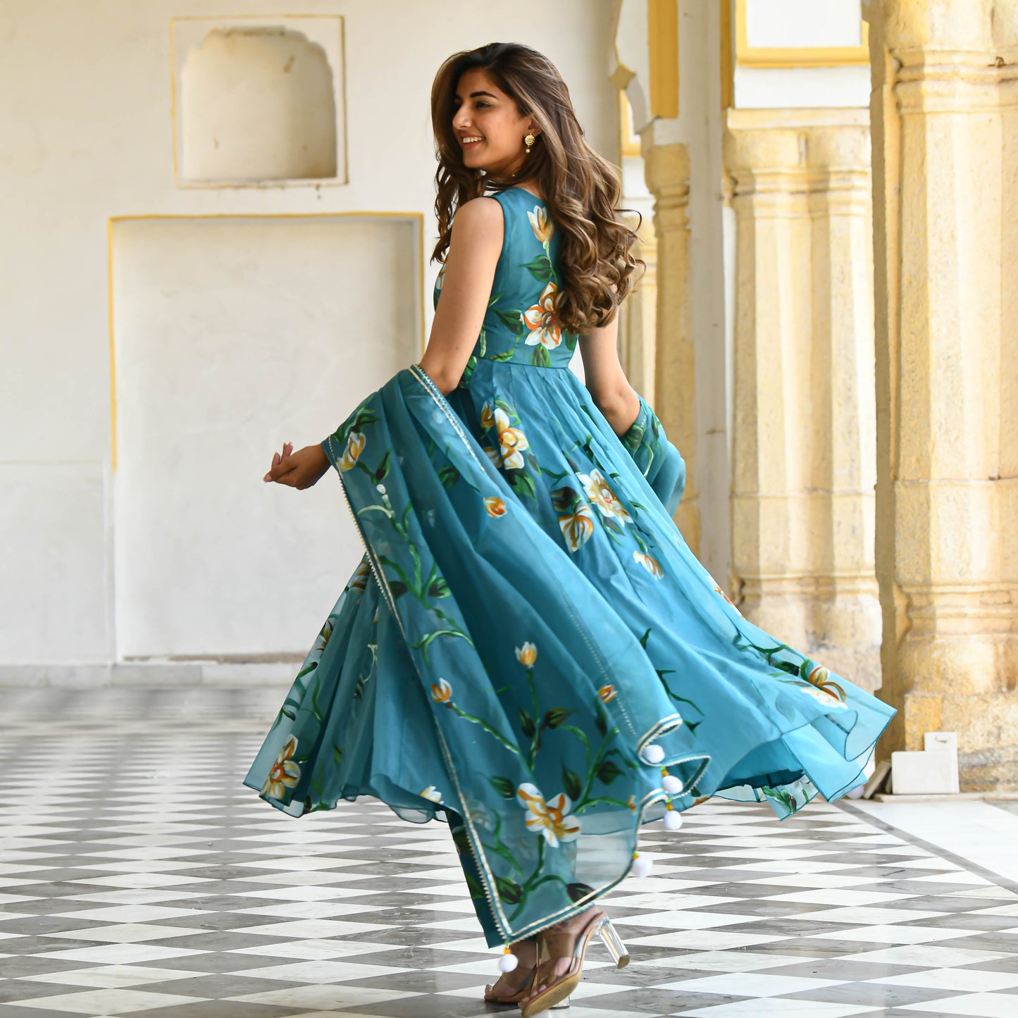 Sakhi Fashions Ocean Floral Handpainted Organza Suit