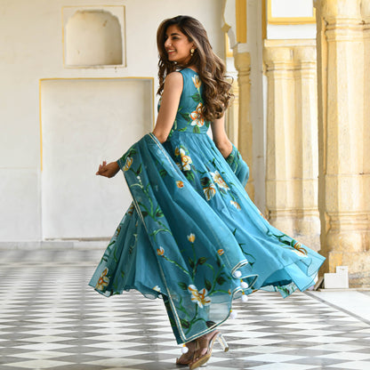 Sakhi Fashions Ocean Floral Handpainted Organza Suit