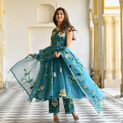Sakhi Fashions Ocean Floral Handpainted Organza Suit